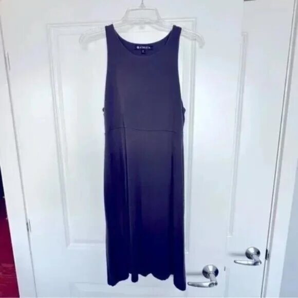 Athleta Santorini Dress Dark Olive Sleeveless Empire Waist Boatneck Size Medium - Picture 2 of 10